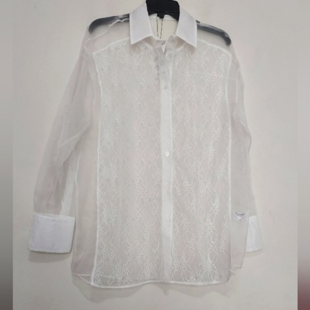 Zara Oversized Organza Sheer White Lace Button-Up Shirt Sz-L